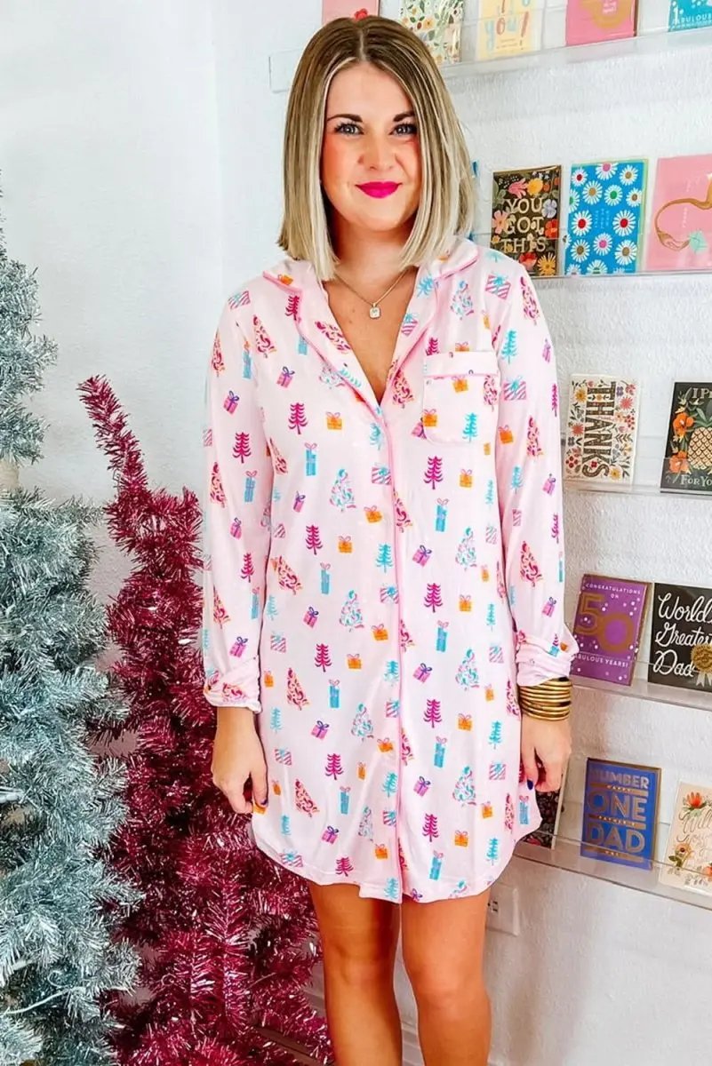 Pink Christmas Twinkle Tree Print Shirt Sleep Dress - Love Salve